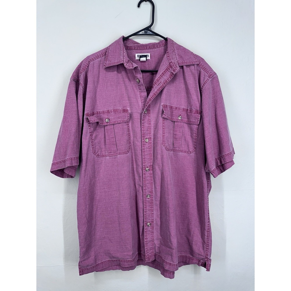 Vintage 90s 100% Cotton Dusty Red Flap Pocket LARGE Short Sleeve Button Shirt
